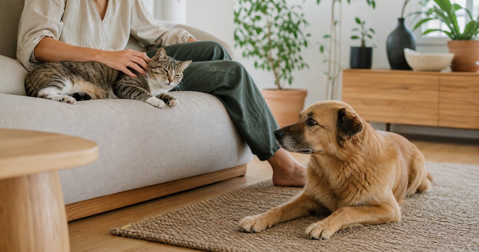 Un gato y un perro relajados comparten un hogar tranquilo con su cuidador
